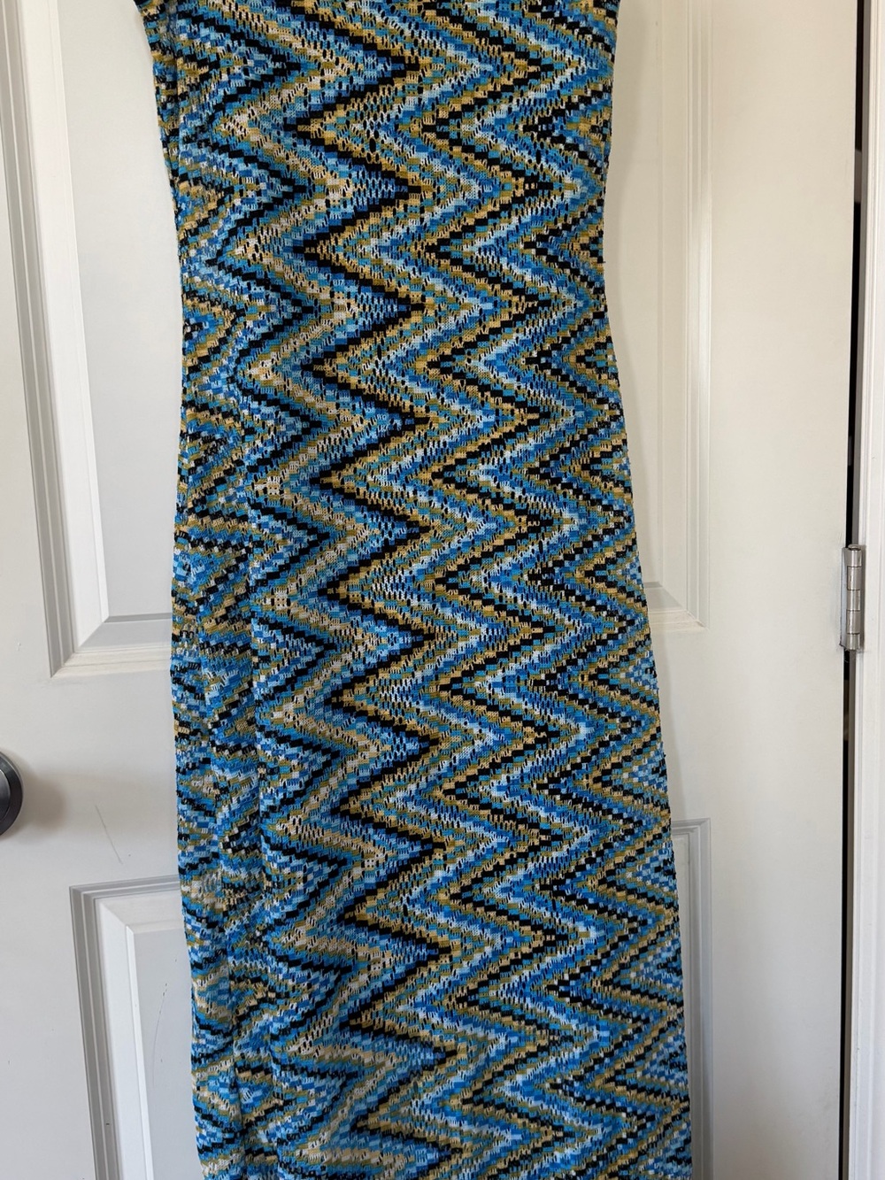 bebe Blue, Black & Tan Chevron Knit Maxi dress